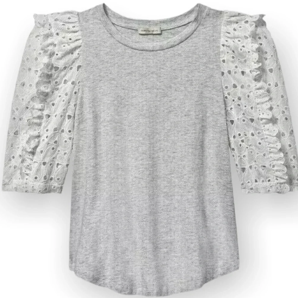 Rebecca Taylor x Anthropologie Papillon Eyelet Lace Med Puff Sleeve Gray Jersey